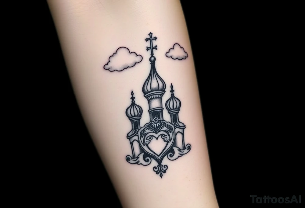 Russian Orthodox church with orthodox spire crosses, with clouds above it and a virgin mary seperately looking over hands on heart sat above tattoo idea