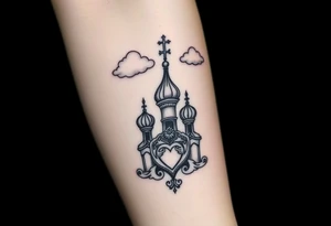Russian Orthodox church with orthodox spire crosses, with clouds above it and a virgin mary seperately looking over hands on heart sat above tattoo idea