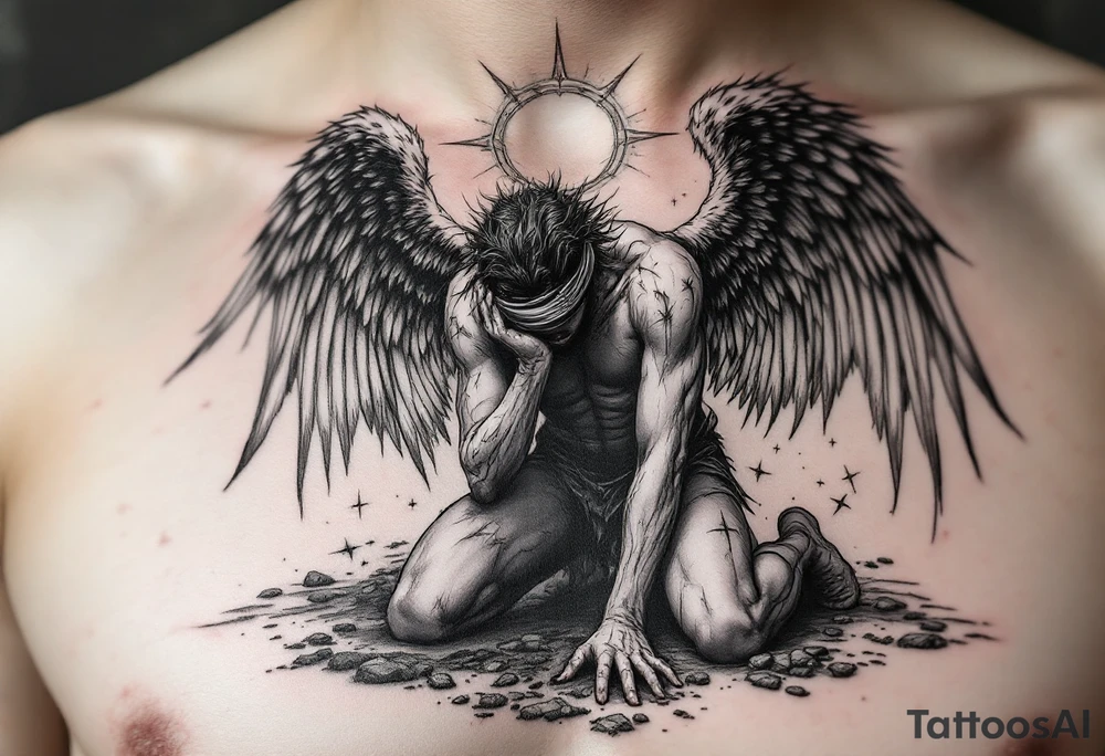 Lucifer Morningstar fallen angels on knees down head looking nonsense dropped hands on ground, 
Blindfold,
While his gratful wings scattered in the sky,
With shining halo tattoo idea