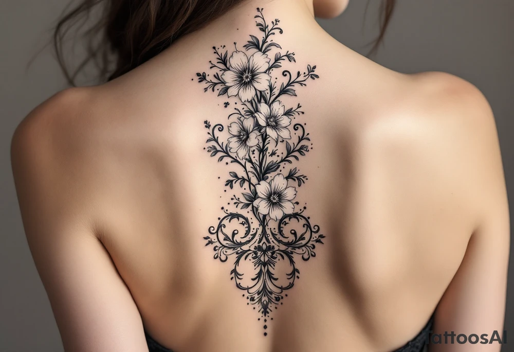 1.	Cherry Blossom Flow (Central Spine): A cascading cherry blossom flowing vertically along the spine to cover the central portion of the existing tattoo. Symmetrical patterns inspired by ornamental designs, with intricate curves and dotwork extending outward from the base of the spine. These elements should balance the floral motif and enhance the lower back area with a decorative, feminine flair.
	3.	Dotwork and Contouring: Delicate linework and dot patterns should be added around the floral design to give texture and seamlessly blend the tattoo with the surrounding skin. The ornamentation should curve naturally along the shape of the body, creating a cohesive, elegant look. tattoo idea