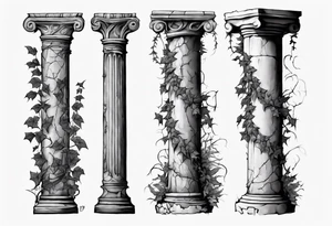 Half of a roman pillar in the Ionian style with the word "OMNIA" inscribed on the top. It has cracks in the middle and overgrown ivy at the bottom. It is turned 20 degrees to the right. tattoo idea