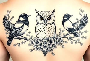 A british barn owl and 2 magpies, entwined by rowan tree branches and florals. In fineline and dotwork tattoo idea