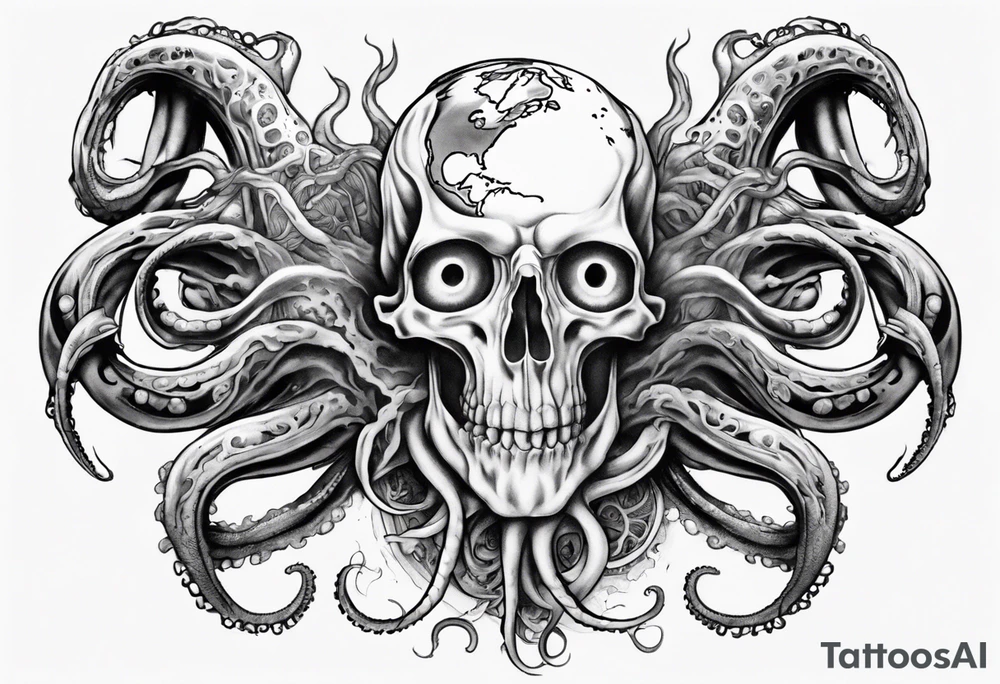 a tattoo on the theme of lovecraft, with tentacles that embrace the earth tattoo idea