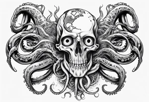 a tattoo on the theme of lovecraft, with tentacles that embrace the earth tattoo idea