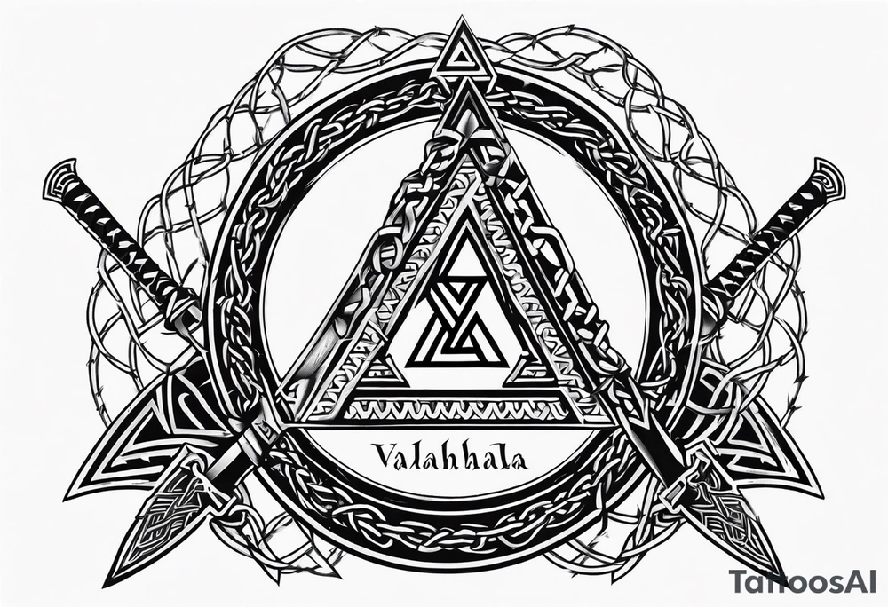 Valhalla sword shield axe barbed wire chains valknut tattoo idea