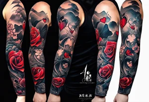 Arm sleeve depicting broken heart, pain suffering and loneliness  darkness tattoo idea