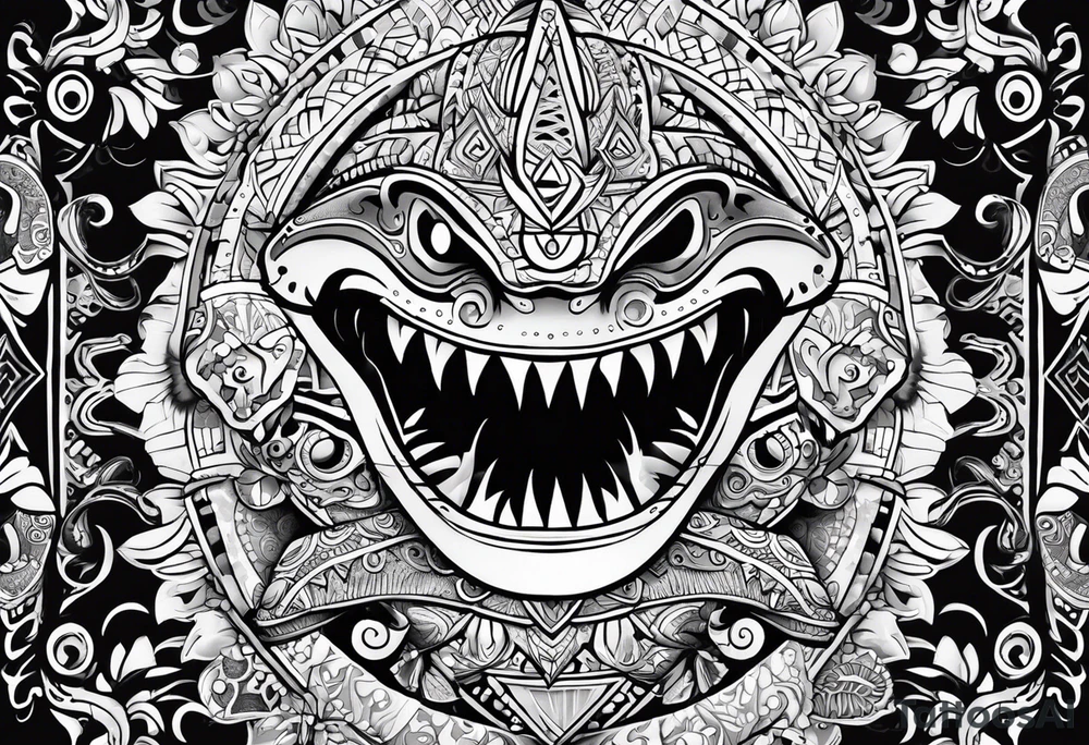 Left chest, shoulder, arm in polinesian style, including images of shark, turtle, lizard, sun and Tiki mask tattoo idea