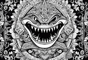 Left chest, shoulder, arm in polinesian style, including images of shark, turtle, lizard, sun and Tiki mask tattoo idea