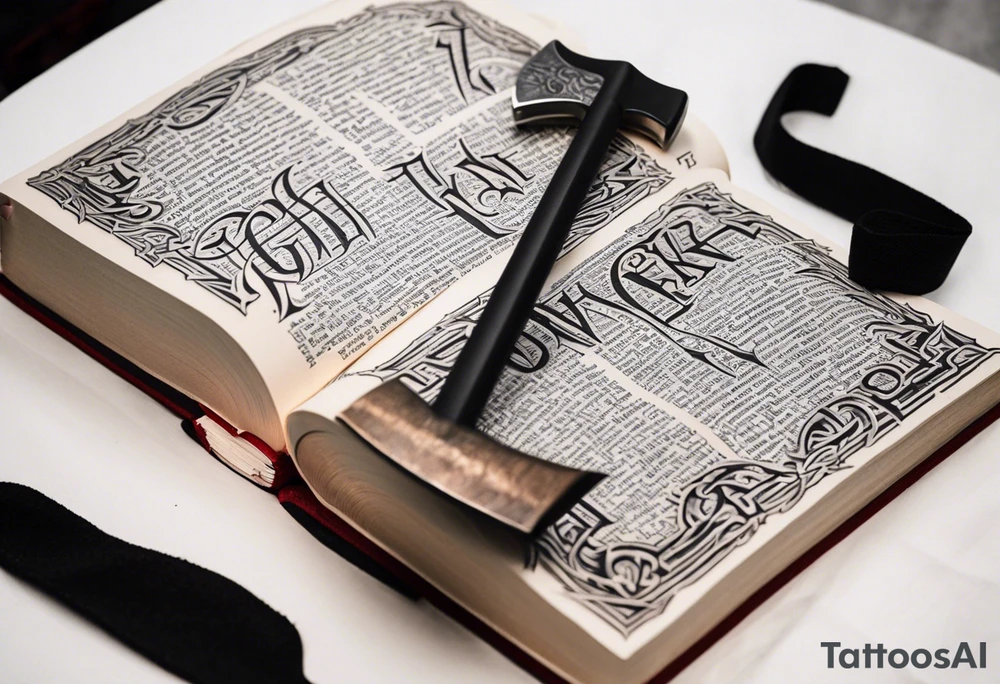 An opened bible with a battle Axe tattoo idea