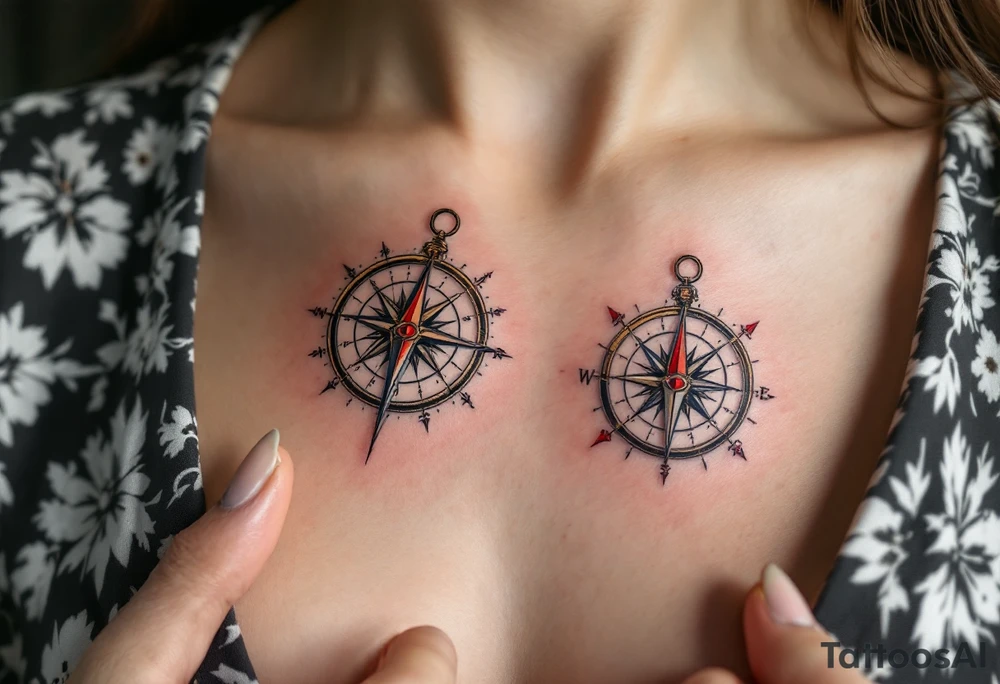 Matching antique-style compasses with red pointers on the chest guide you back to each other. tattoo idea