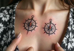 Matching antique-style compasses with red pointers on the chest guide you back to each other. tattoo idea