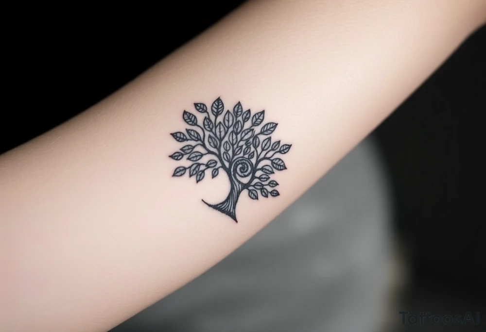 Fibonacci spiral shell inside of tree full of lots of leaves tattoo idea