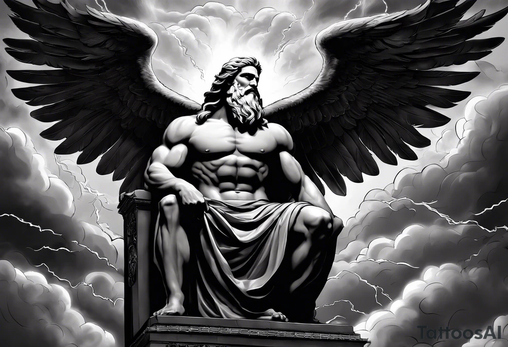 Zeus (Left Shoulder):

Zeus depicted in a seated position on a throne of clouds, holding a thunderbolt aloft in one hand.
The background could feature storm clouds with lightning bolts arcing across the sky.
Eagles, symbols of Zeus, soaring around him or perched on the throne's armrests. tattoo idea