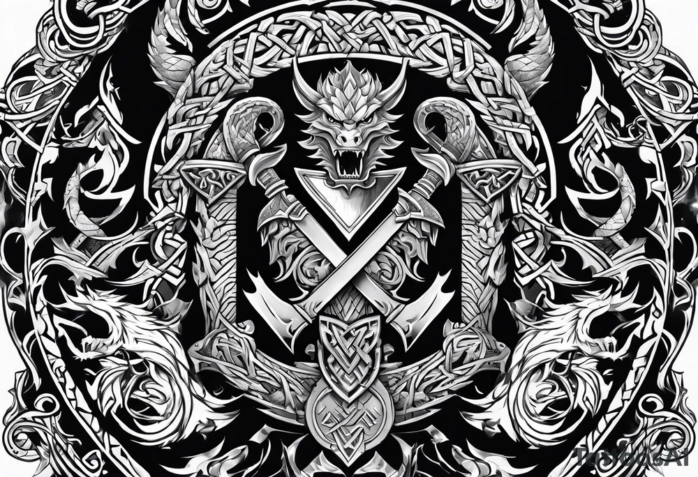 Valhalla sword shield dragon axe Valknut tattoo idea