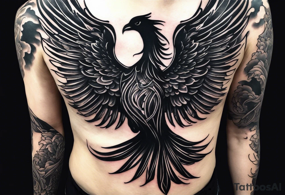 A full sleeve tattoo showing A large phoenix over my shoulder  A person/angel flying through a starry night sky, Some witches or salem witch trial type imagery  a blacked out silhouette from a picture of my band after a show tattoo idea