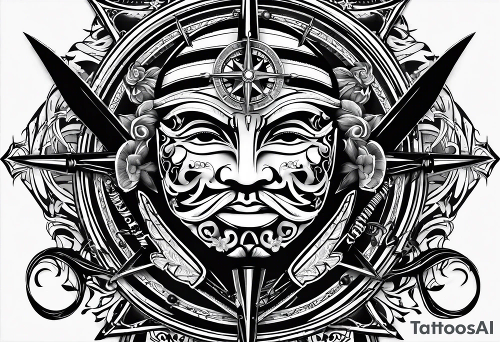 guy faux mask compass. Slashed lettering for the navigational directions and long fencing swords as the arrows tattoo idea