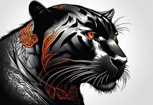 Slight side angle of Facial facing left of an angry black panther animal with red-orange eyes tattoo idea