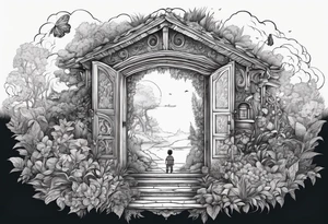 a small boy peeking into a doorway
 leading to a fantasy world filled with nature tattoo idea