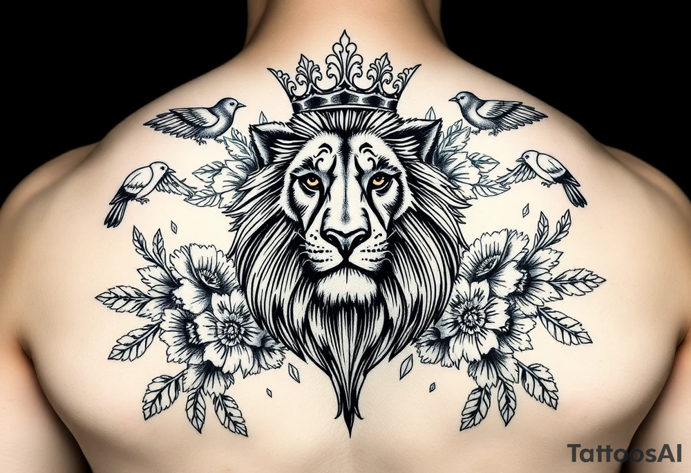 powerful majestic lion with a crown, surrounded by floral ornaments and birds tattoo idea