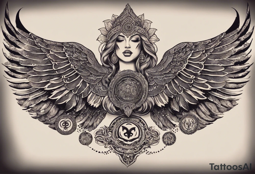 black kali, goddess pirate, alien, angel, pachamama, valkrye, warrior, flying, skull, lotus azul, wing, eagle, zenza resonance, stars, 5D, anahata chakra, death, durga, riding on a tiger, flying lady, kundalini, chest tatoo tattoo idea