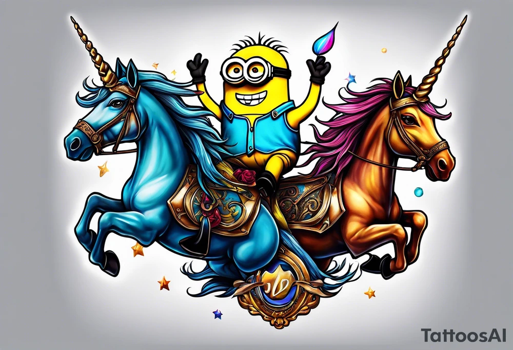 minions riding a unicorn tattoo idea