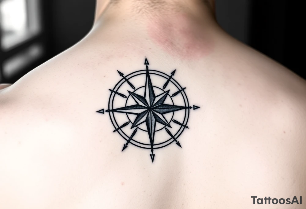 intricate compass rose on upper right back shoulder of a man. black and white. include cardinal directions and make more detailed. tattoo idea