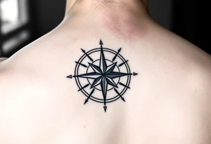 intricate compass rose on upper right back shoulder of a man. black and white. include cardinal directions and make more detailed. tattoo idea
