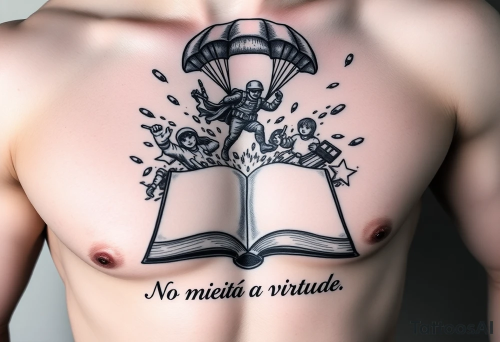 A parachuting soldier landing into an open book. Chaos surrounding, but the book is protecting the soldier from it. On the chest. Make it smaller. Thought provoking. "No meio esta a virtude" underneath the book tattoo idea