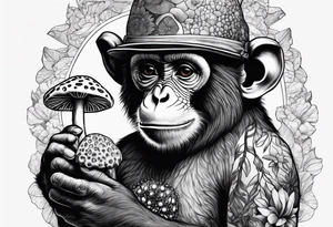 monkey with amanita muscaria in hand tattoo idea