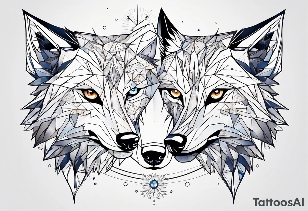 Constellation, two animal wolf, géométric, snowflake tattoo idea