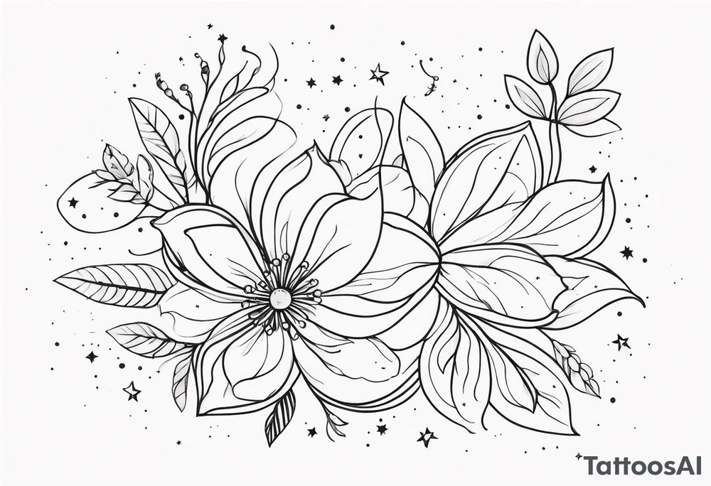 fine line floral with stars, swirls, dots tattoo idea