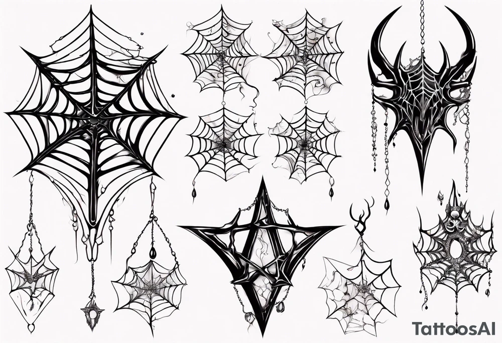 Jewel shaped tangled spiderweb with dragon horns and blood drops tattoo idea