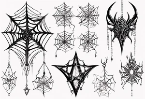 Jewel shaped tangled spiderweb with dragon horns and blood drops tattoo idea
