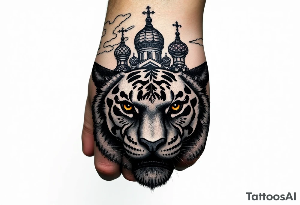 Realistic tiger face on the back of the hand with strong contrast and fine detail with hollow black eyes. with a highly detailed Russian Orthodox cathedral sitting above on fore arm with onion domes and orthodox crosses, done in fine line, engraving-like style. Cohesive composition, black ink only, no color, high contrast, slightly aged, documentary-style, plain light background. with clouds above and a virgin mary tattoo idea
