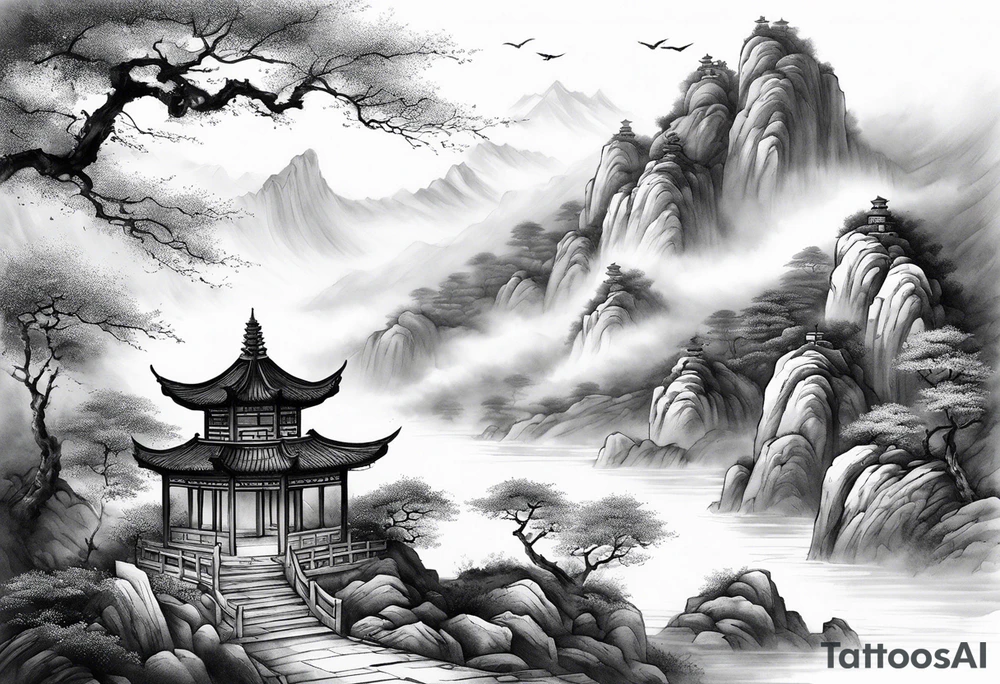 forearm sleeve traditional chinese art painting style autumn mountains mist fog water Chinese temple 2 male philosophers wearing robes seated drinking tea far away in the distance tattoo idea