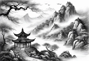 forearm sleeve traditional chinese art painting style autumn mountains mist fog water Chinese temple 2 male philosophers wearing robes seated drinking tea far away in the distance tattoo idea