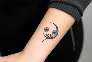 Small black and white tattoo waxing crescent moon with small Daisy birth flower and tiny Leo gliph tattoo idea