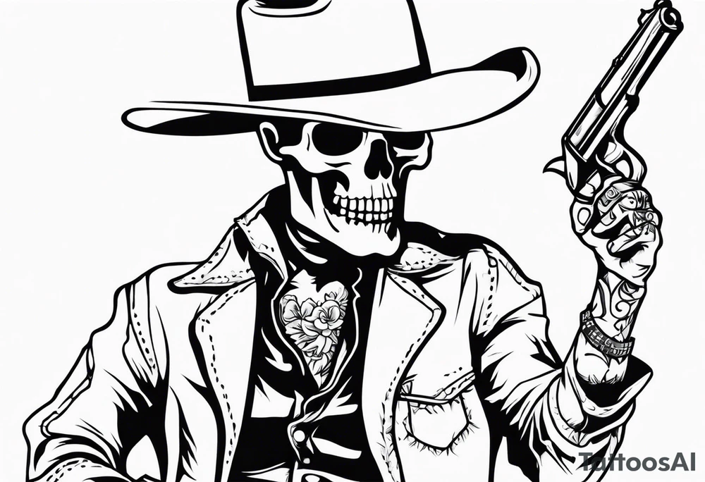 Skeleton Cowboy with a knife in his mouth and revolver in his hand tattoo idea