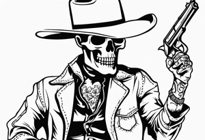 Skeleton Cowboy with a knife in his mouth and revolver in his hand tattoo idea