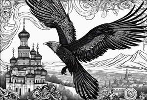 russian firebird in-flight with long fancy tail and 3 small onion cap monastery towers in background, with "Isaiah 43: 18-19" tattoo idea