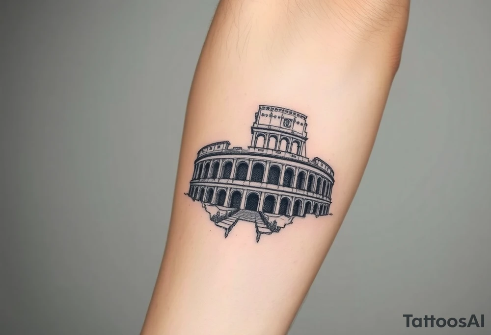Imaginez un tatouage ou ont peut voir des éléments architecturaux de Rome, comme le Colisée, un gladiateur tattoo idea