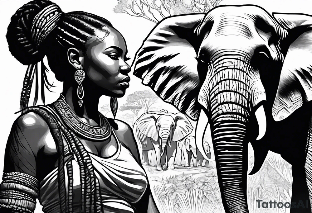 African woman warrior with tribe scars and spear in hand with elephants in background tattoo idea