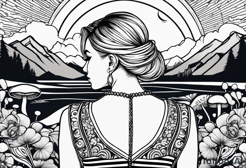 Straight blonde hair girl facing away toward mountains surrounded by mushrooms crescent moon mandala circular design black and white striped dress tattoo idea