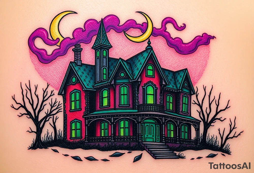 Tim Burton’s haunted victorian home is abandoned and dripping with muted reds, dusty pinks, and eerie green glow.purple and cyan smokey clouds swirl in the crescent moonlit sky thats sprinkled with stars tattoo idea tattoo idea