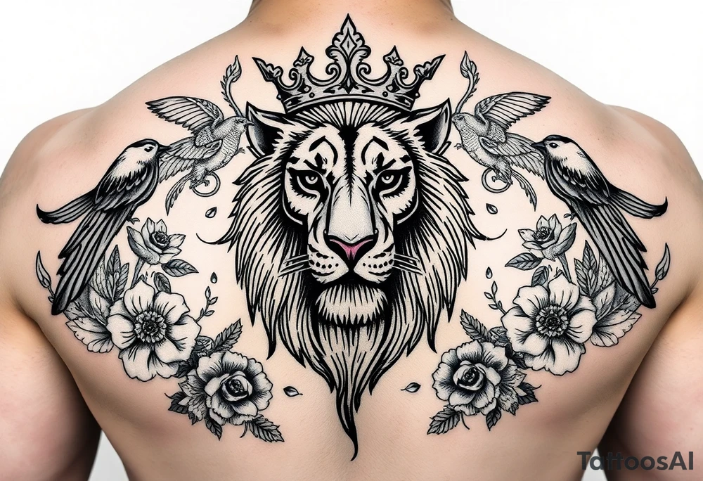 powerful majestic lion with a crown, surrounded by floral ornaments and birds tattoo idea