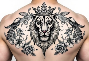 powerful majestic lion with a crown, surrounded by floral ornaments and birds tattoo idea