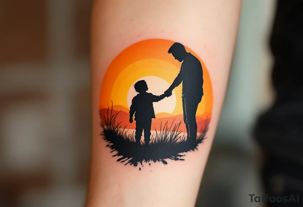 A black and grey silhouette of a father holding his son's hand at sunset, with soft orange and gold hues in the background. tattoo idea