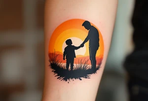 A black and grey silhouette of a father holding his son's hand at sunset, with soft orange and gold hues in the background. tattoo idea
