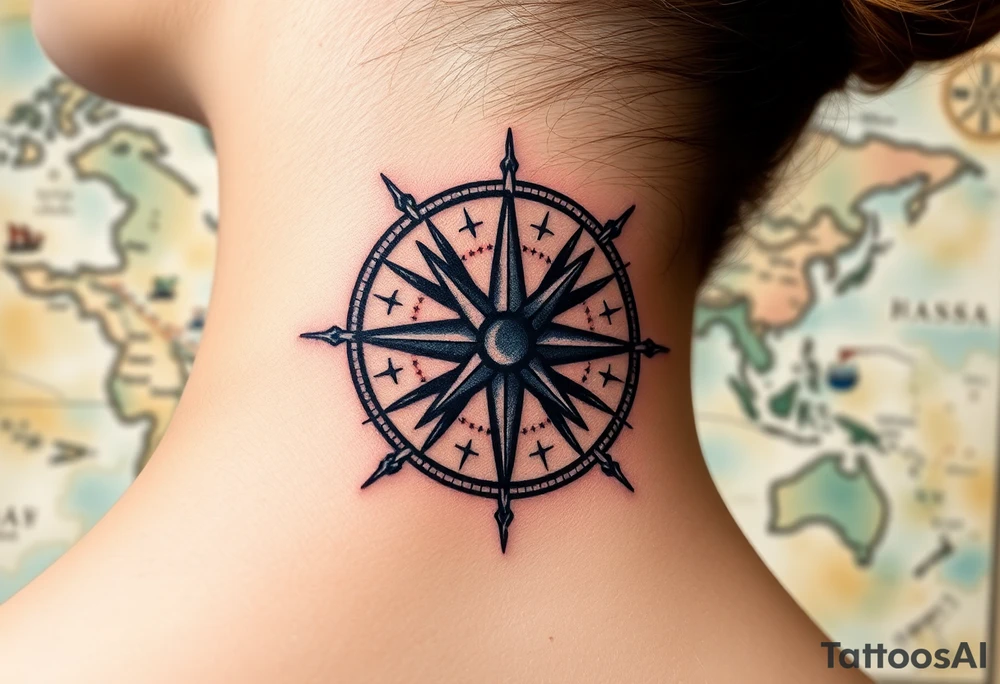 antique compass rose overlaid on weathered world map with sailing ships tattoo idea