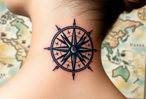 antique compass rose overlaid on weathered world map with sailing ships tattoo idea